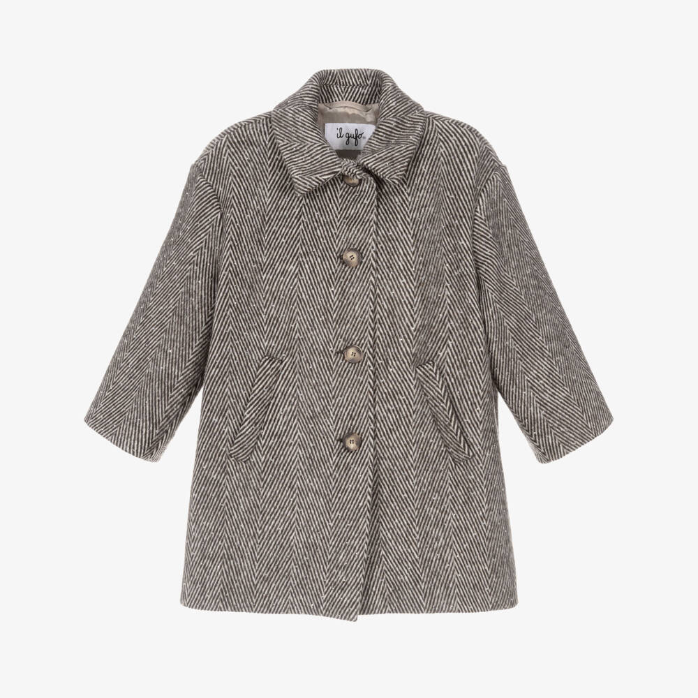 Il Gufo-Girls Brown Herringbone Felted Coat with Sparkly Studs | Childrensalon