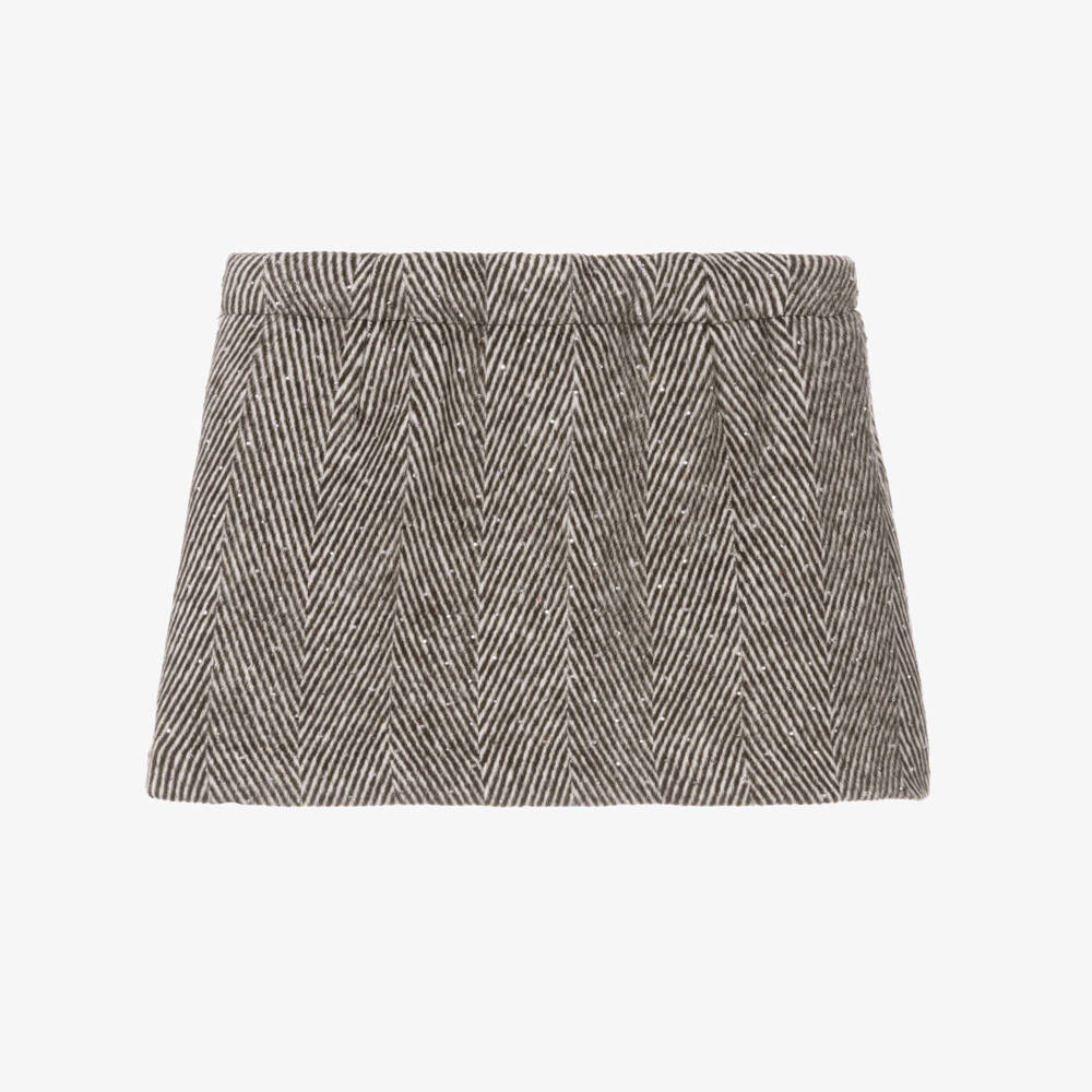 Il Gufo-Girls Brown Herringbone Felted Skirt with Sparkly Studs | Childrensalon