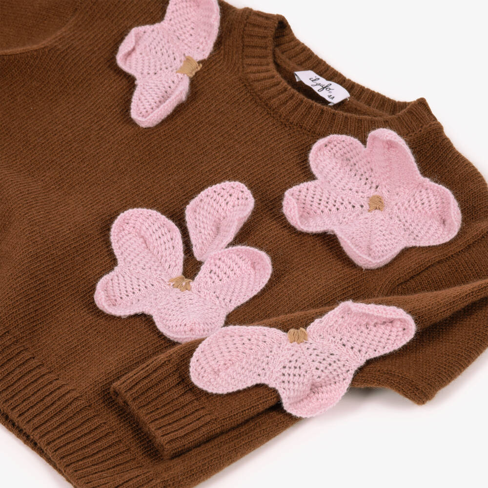 Il Gufo-Girls Brown Sweater with Pink 3D Flowers | Childrensalon