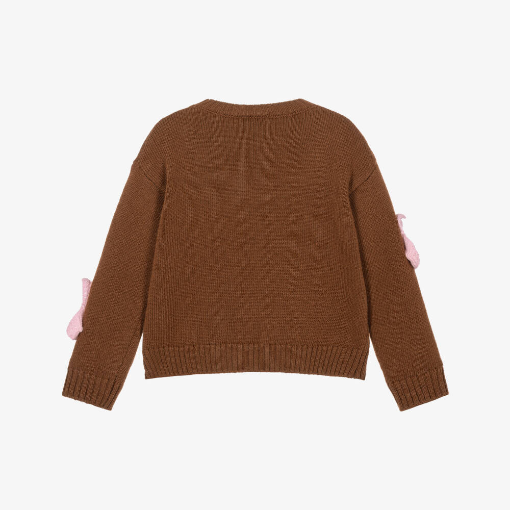 Il Gufo-Girls Brown Sweater with Pink 3D Flowers | Childrensalon