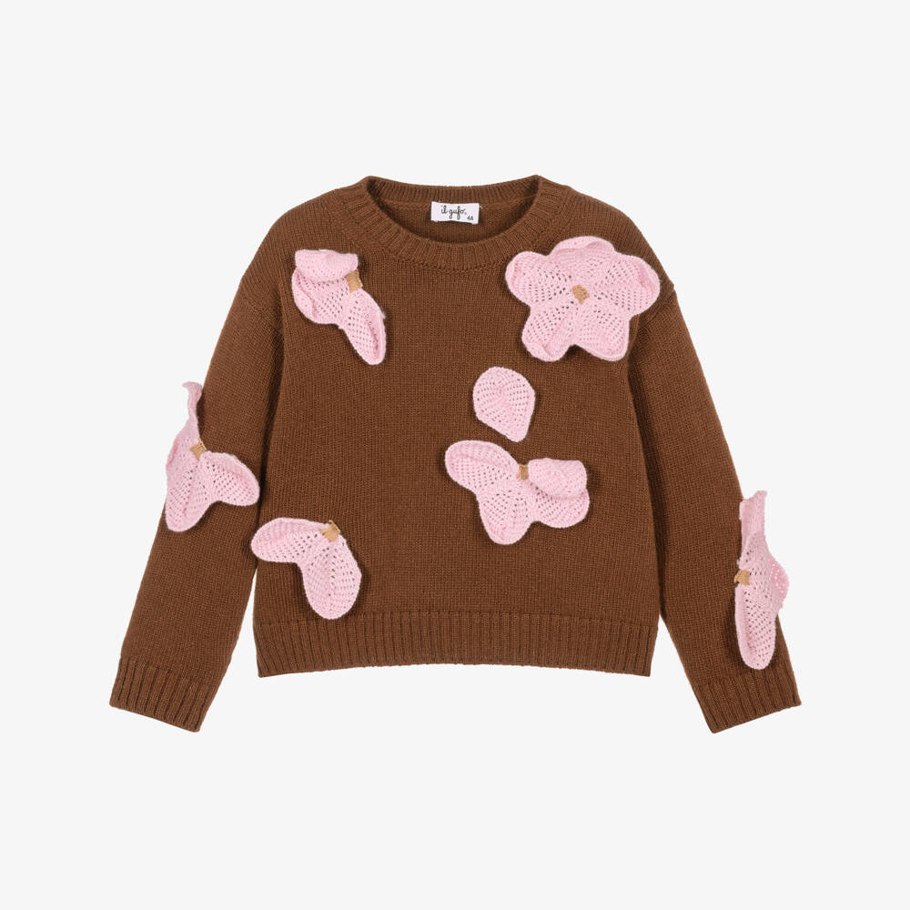 Il Gufo-Girls Brown Sweater with Pink 3D Flowers | Childrensalon
