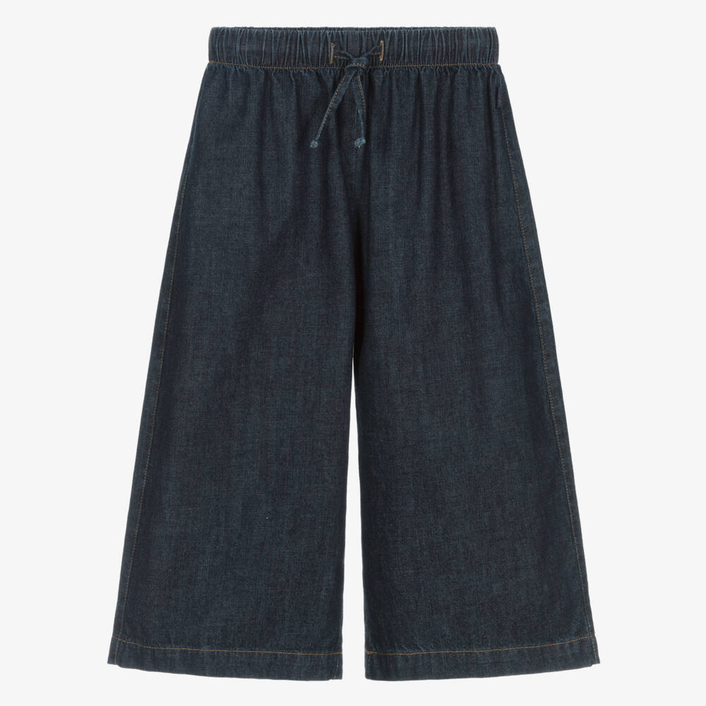 Il Gufo-Girls Dark Blue Wide-Leg Cropped Denim Trousers | Childrensalon