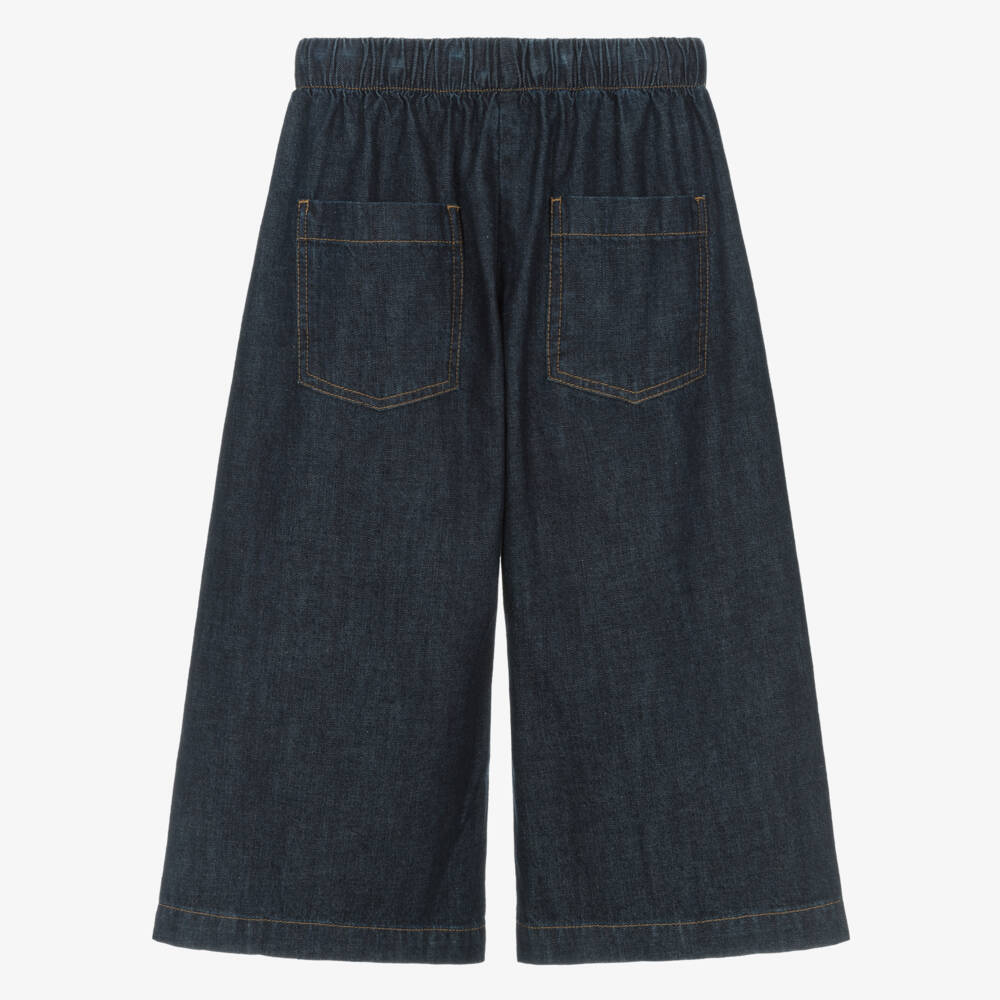 Il Gufo-Girls Dark Blue Wide-Leg Cropped Denim Trousers | Childrensalon