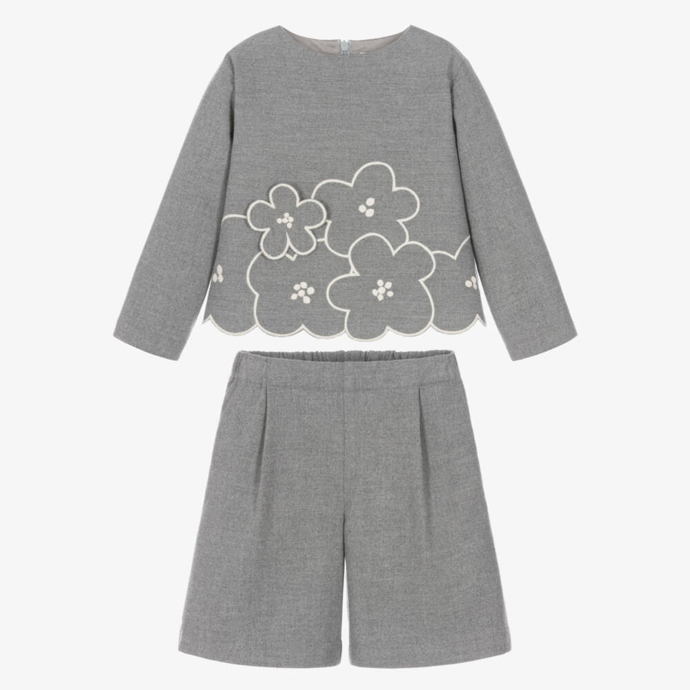 Il Gufo-Girls Grey Flower Shorts Set | Childrensalon