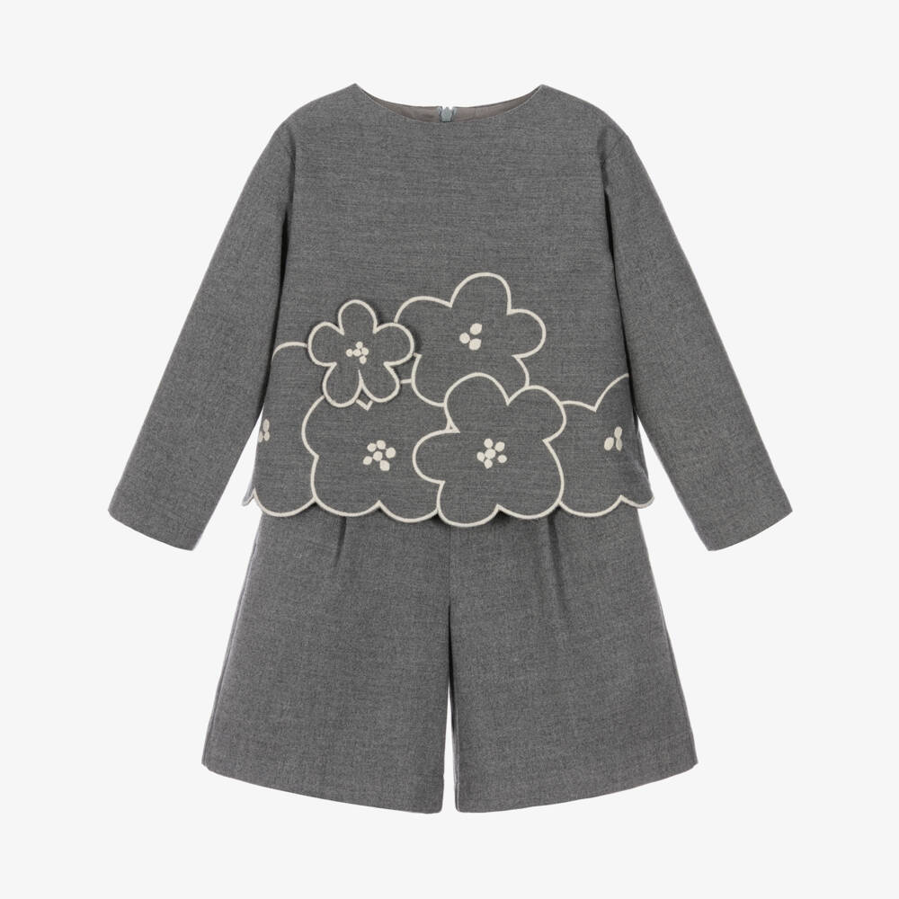 Il Gufo-Girls Grey Flower Shorts Set | Childrensalon