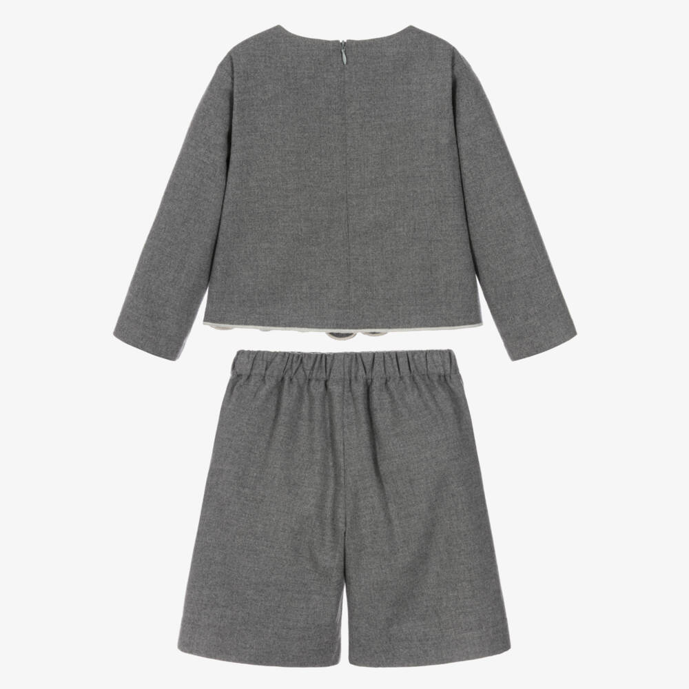Il Gufo-Girls Grey Flower Shorts Set | Childrensalon