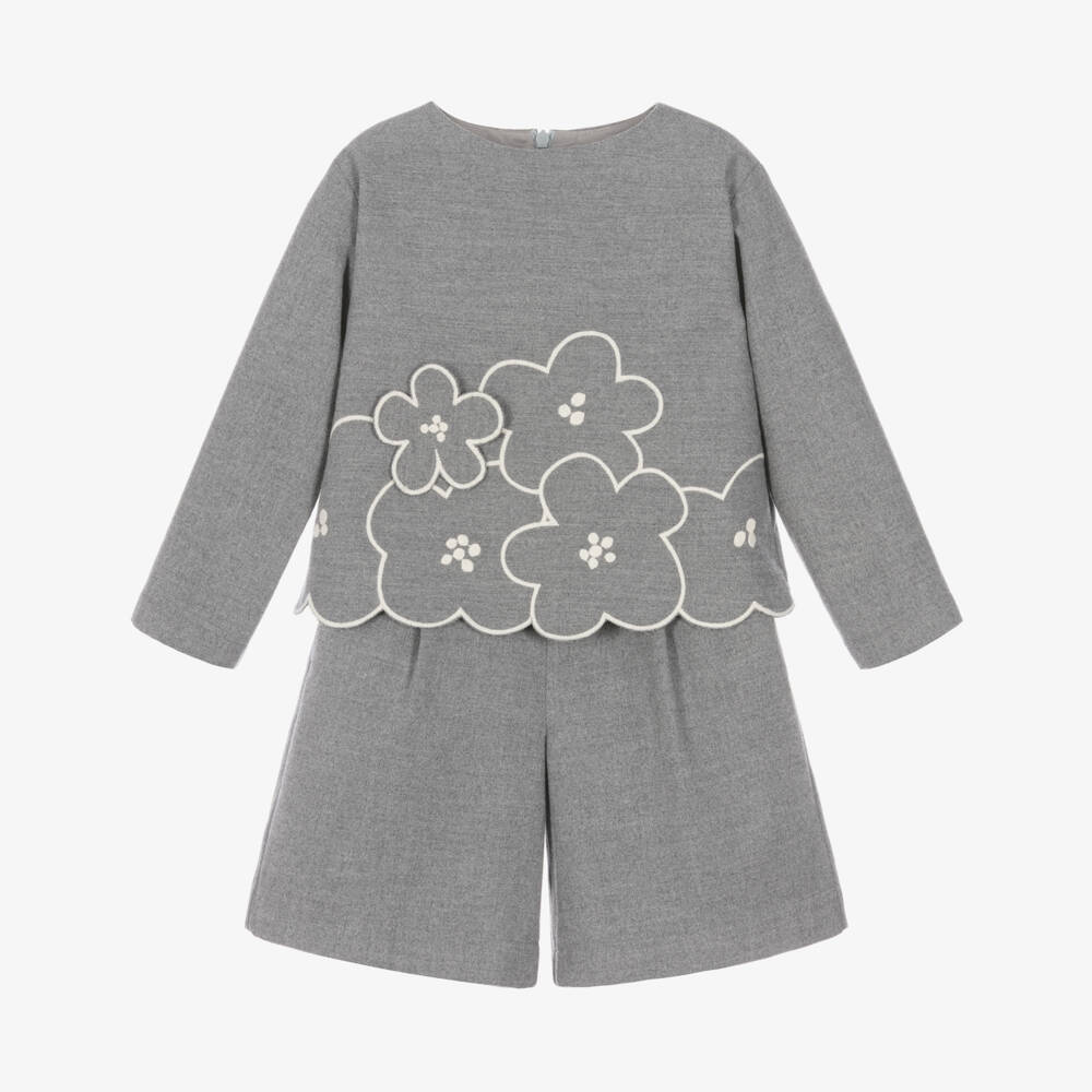 Il Gufo-Girls Grey Flower Shorts Set | Childrensalon