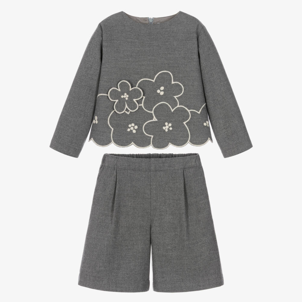 Il Gufo-Girls Grey Flower Shorts Set | Childrensalon