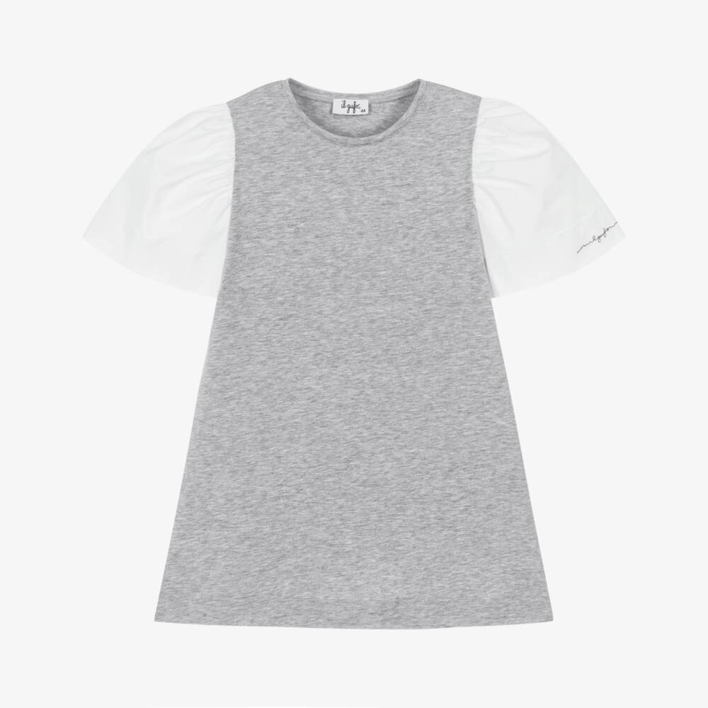 Il Gufo-Girls Grey Marl Cotton Puff Sleeve Dress | Childrensalon