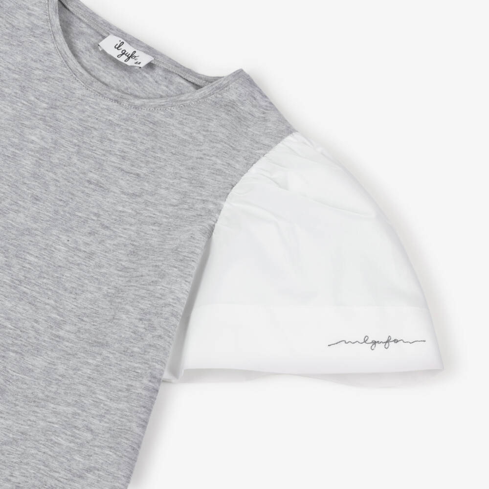 Il Gufo-Girls Grey Marl Cotton Puff Sleeve Dress | Childrensalon