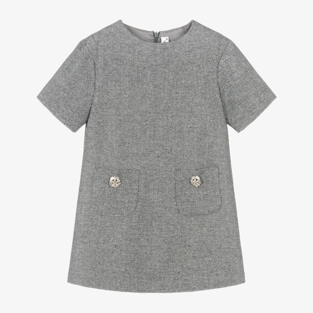 Il Gufo-Girls Grey Sparkly Tweed Dress with Diamanté Pockets | Childrensalon