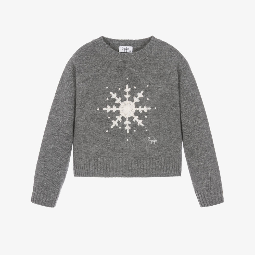 Il Gufo-Girls Grey Wool Knit Snowflake Sweater | Childrensalon