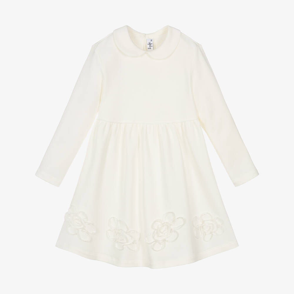 Il Gufo-Girls Ivory Cotton Jersey Dress with Ribbon Flowers | Childrensalon