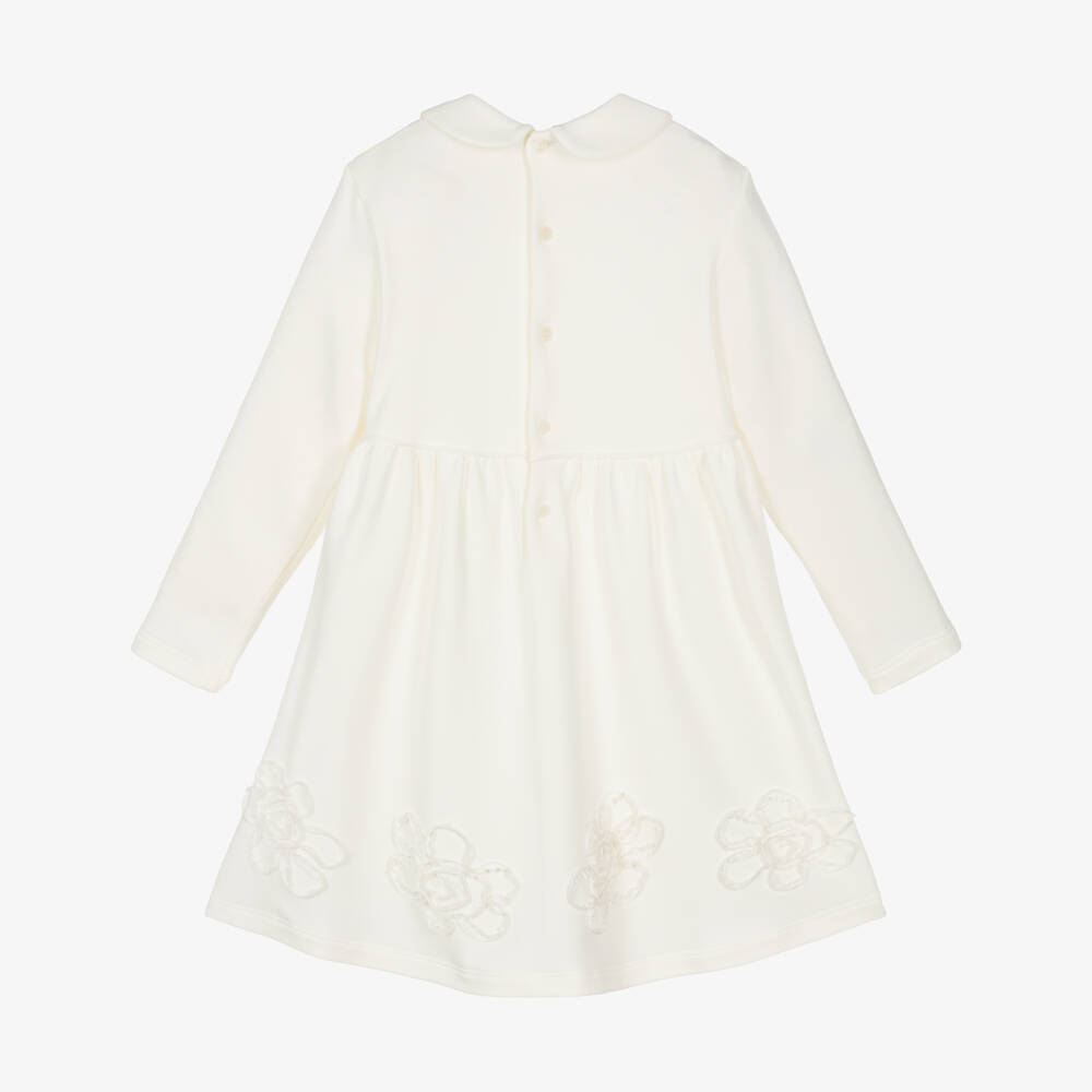 Il Gufo-Girls Ivory Cotton Jersey Dress with Ribbon Flowers | Childrensalon
