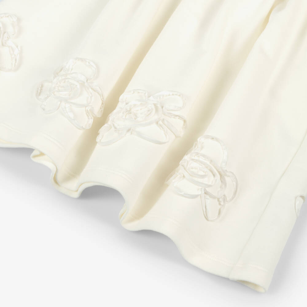 Il Gufo-Girls Ivory Cotton Jersey Dress with Ribbon Flowers | Childrensalon