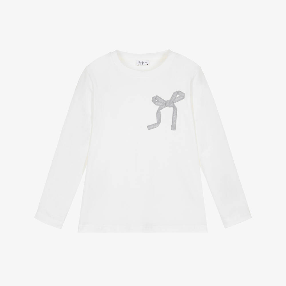 Il Gufo-Girls Ivory Cotton Long-Sleeved Top with Silver Ribbon Bow | Childrensalon