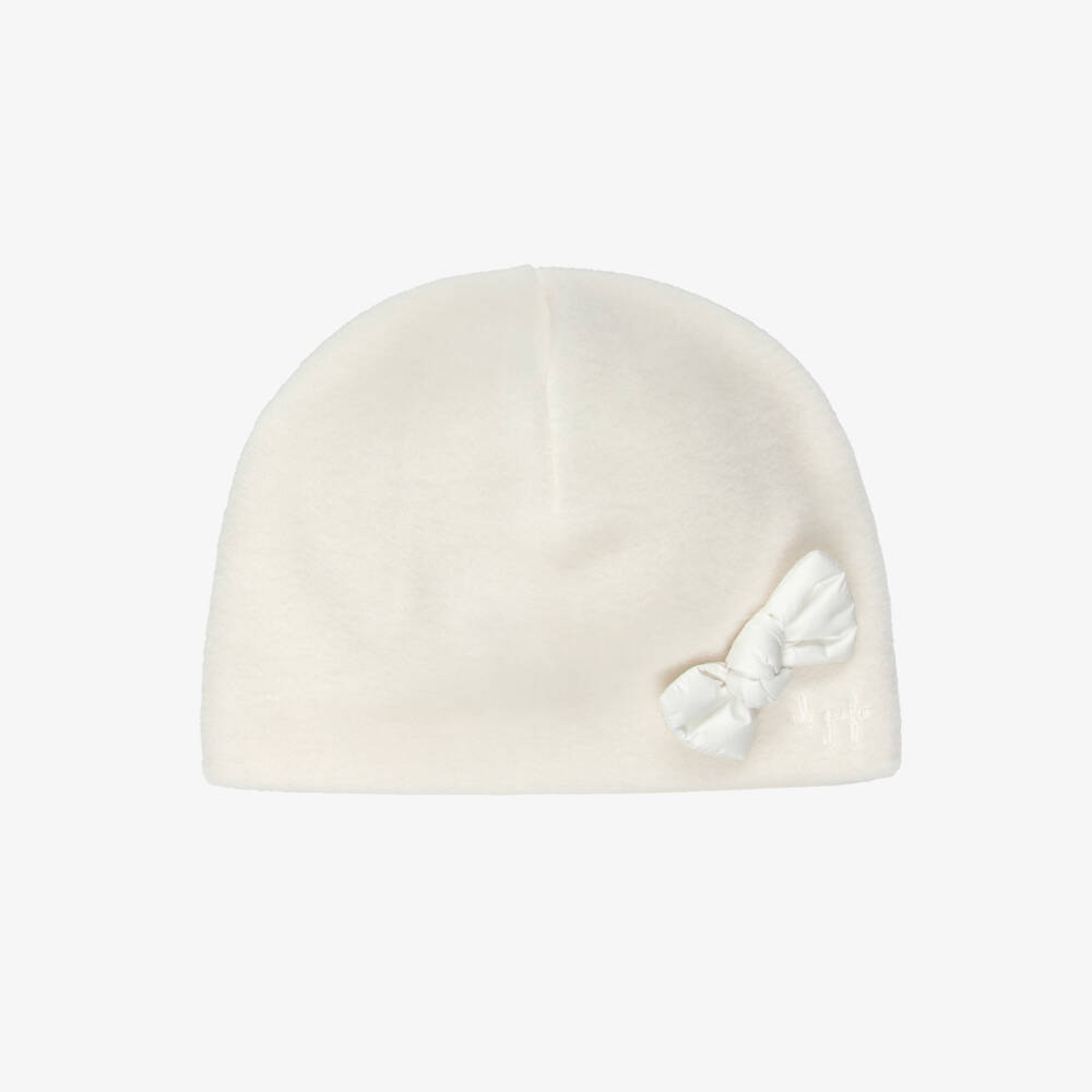 Il Gufo-Girls Ivory Fleece Hat with Bow | Childrensalon