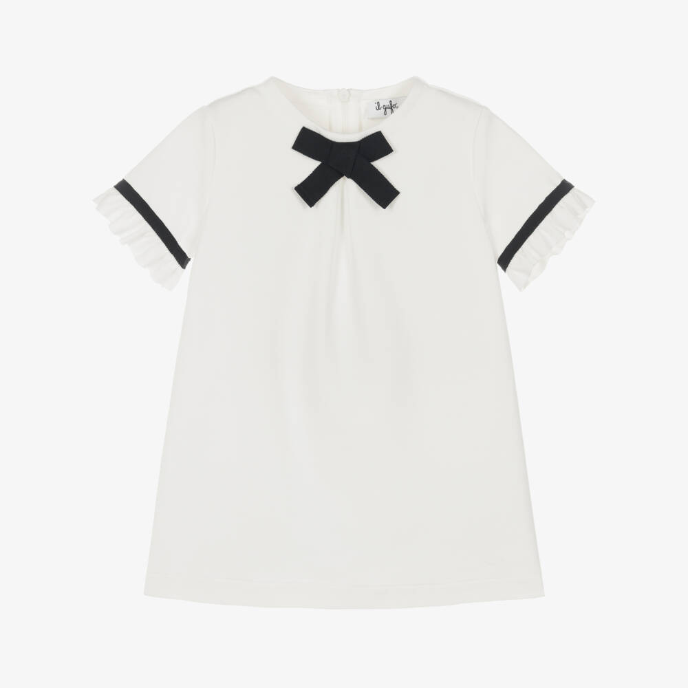 Il Gufo-Girls Ivory Jersey Dress with Black Ribbon Bow | Childrensalon