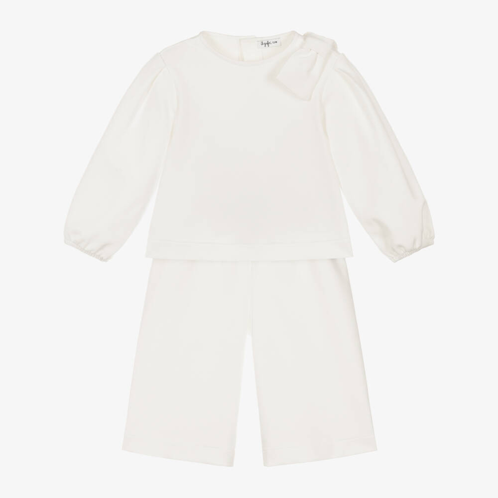 Il Gufo-Girls Ivory Milano Jersey Trouser Set with Bow | Childrensalon