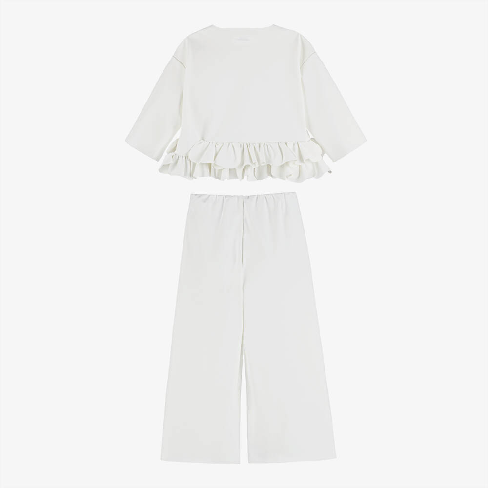 Il Gufo-Girls Ivory Ruffle Trimmed Milano Jersey Top & Trouser Set | Childrensalon
