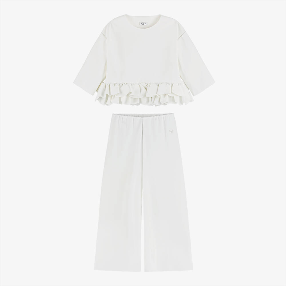 Il Gufo-Girls Ivory Ruffle Trimmed Milano Jersey Top & Trouser Set | Childrensalon