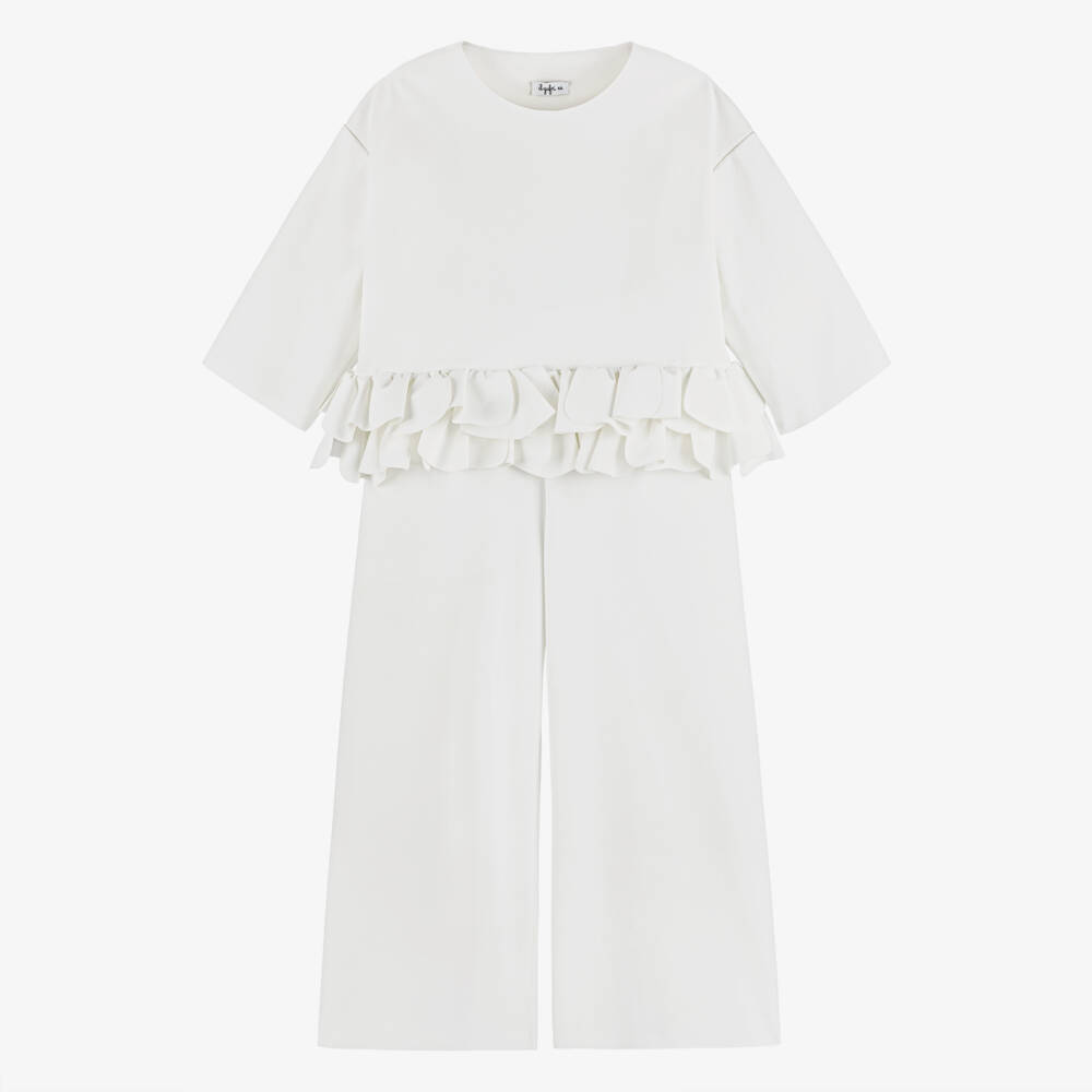Il Gufo-Girls Ivory Ruffle Trimmed Milano Jersey Top & Trouser Set | Childrensalon