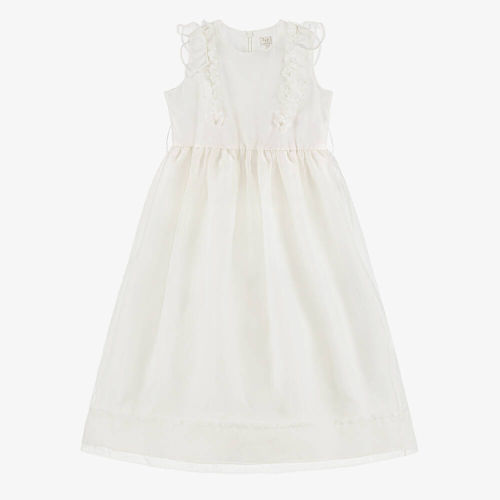 Il Gufo-Girls Ivory Silk Organza Dress with Ruffles | Childrensalon