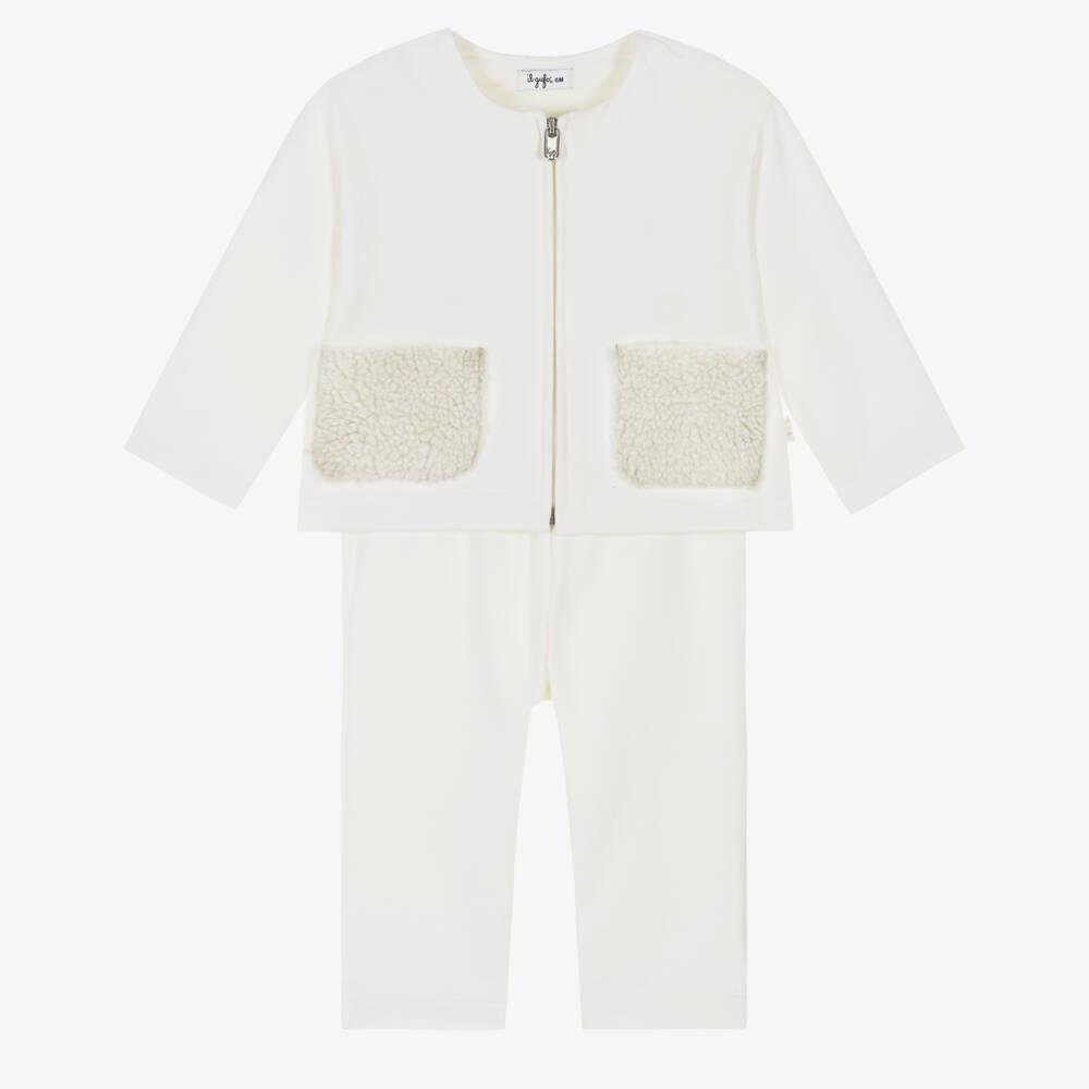 Il Gufo-Girls Ivory Tracksuit with Sherpa Fleece Pockets | Childrensalon