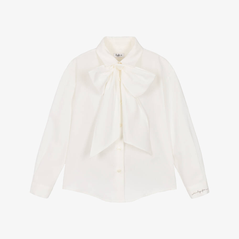 Il Gufo-Girls Ivory Twill Blouse with Detachable Neck Bow | Childrensalon