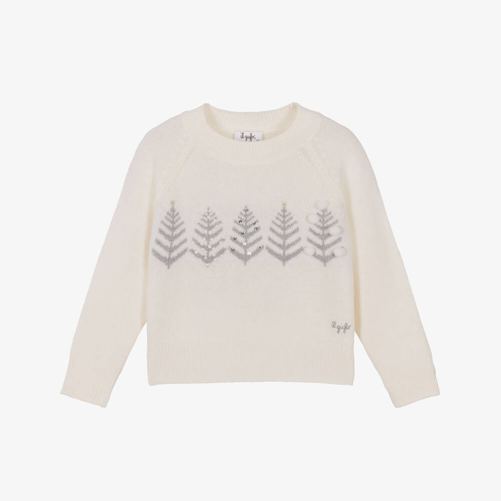 Il Gufo-Girls Ivory Wool Knit Sweater with Silver Christmas Trees | Childrensalon
