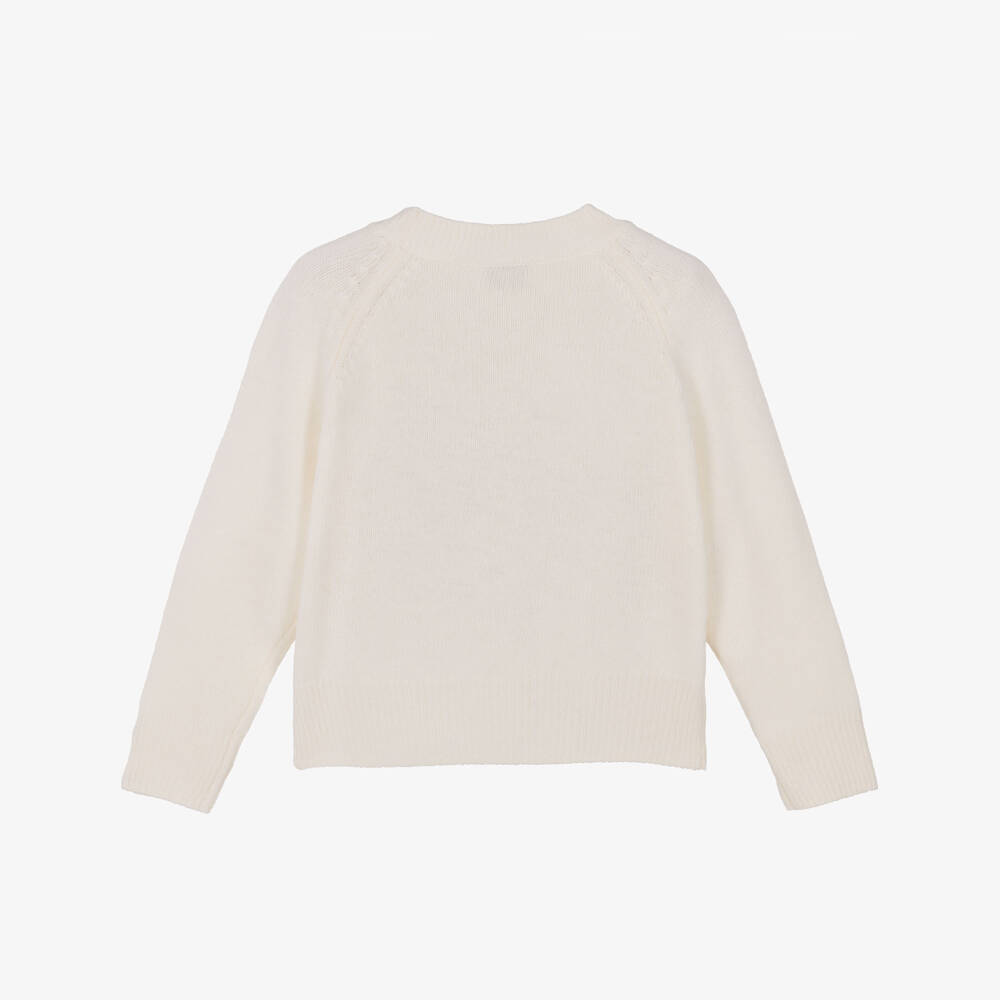 Il Gufo-Girls Ivory Wool Knit Sweater with Silver Christmas Trees | Childrensalon