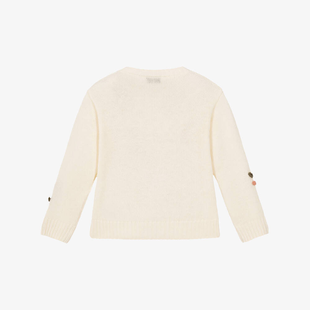 Il Gufo-Girls Ivory Wool Sweater with Floral Motifs | Childrensalon