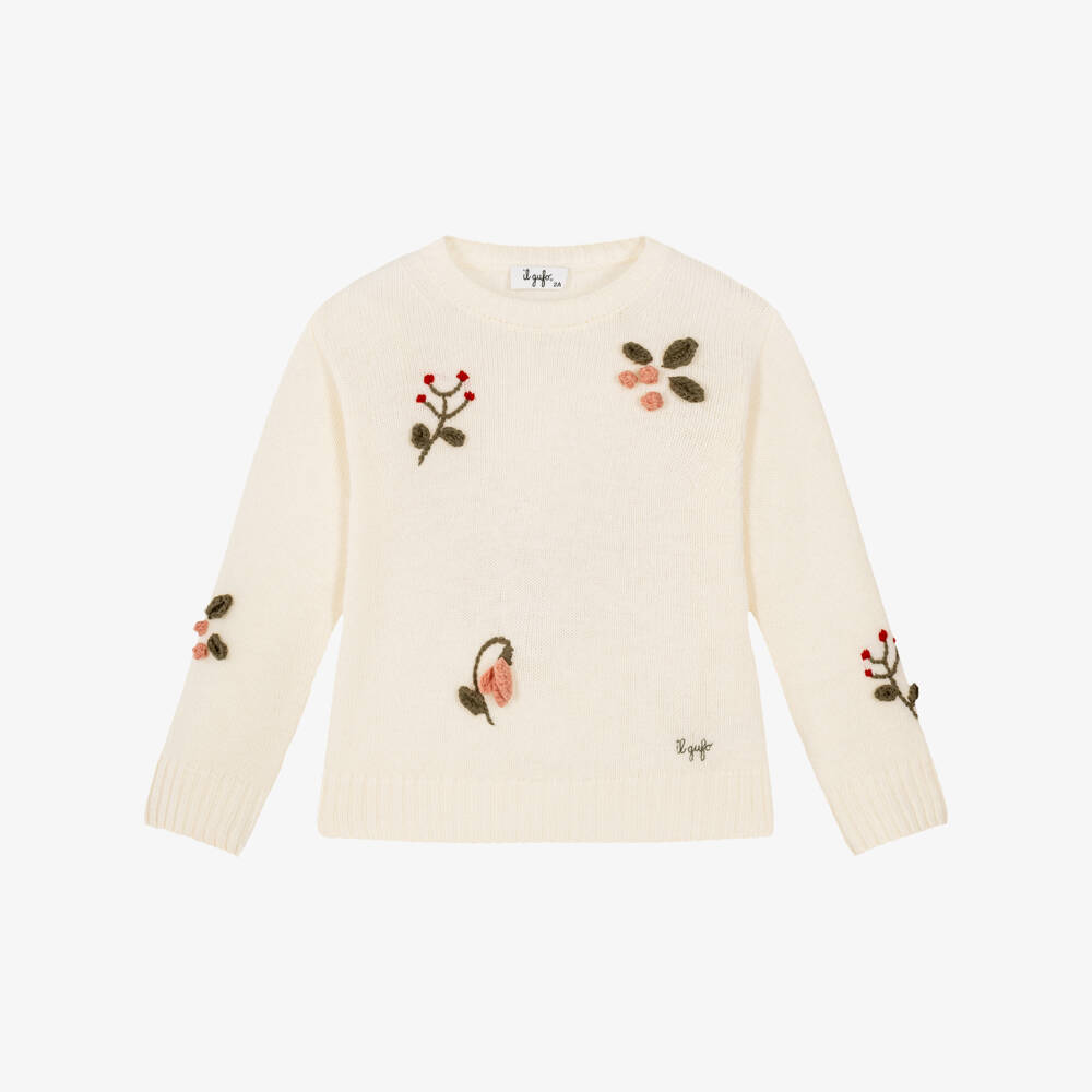 Il Gufo-Girls Ivory Wool Sweater with Floral Motifs | Childrensalon