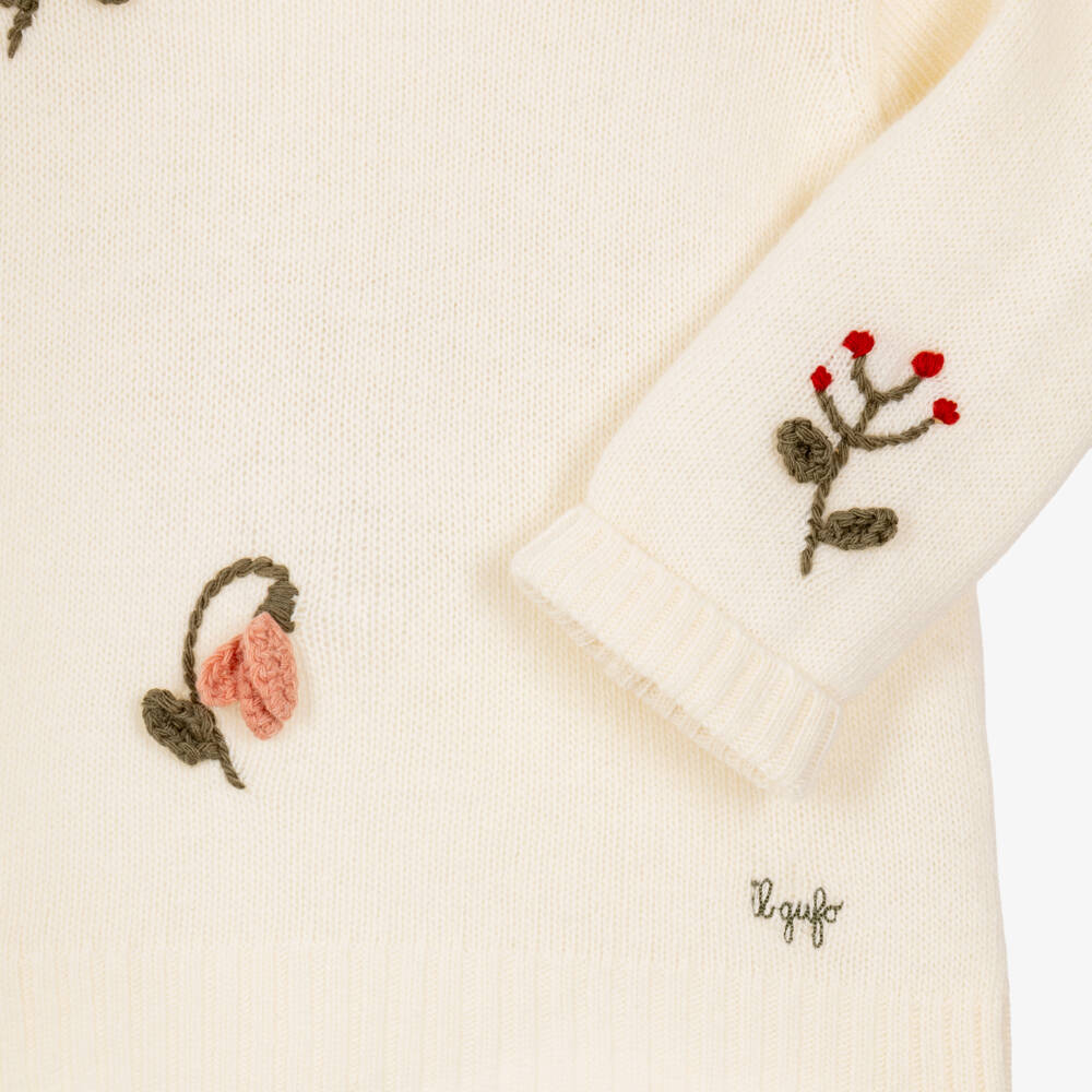 Il Gufo-Girls Ivory Wool Sweater with Floral Motifs | Childrensalon