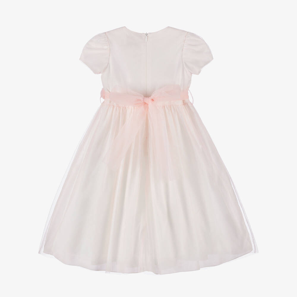Il Gufo-Girls Long Pink Tulle Dress with Floral Belt | Childrensalon