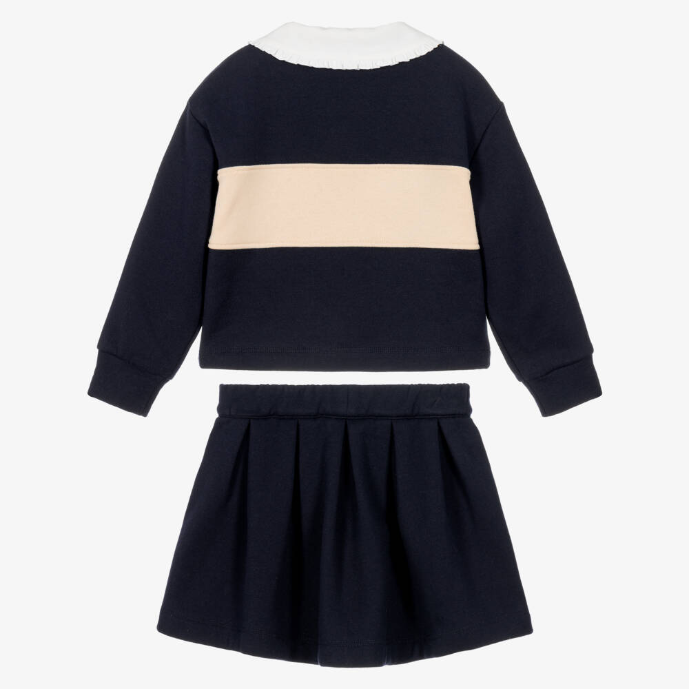 Il Gufo-Girls Navy Blue Cotton Skirt Set | Childrensalon