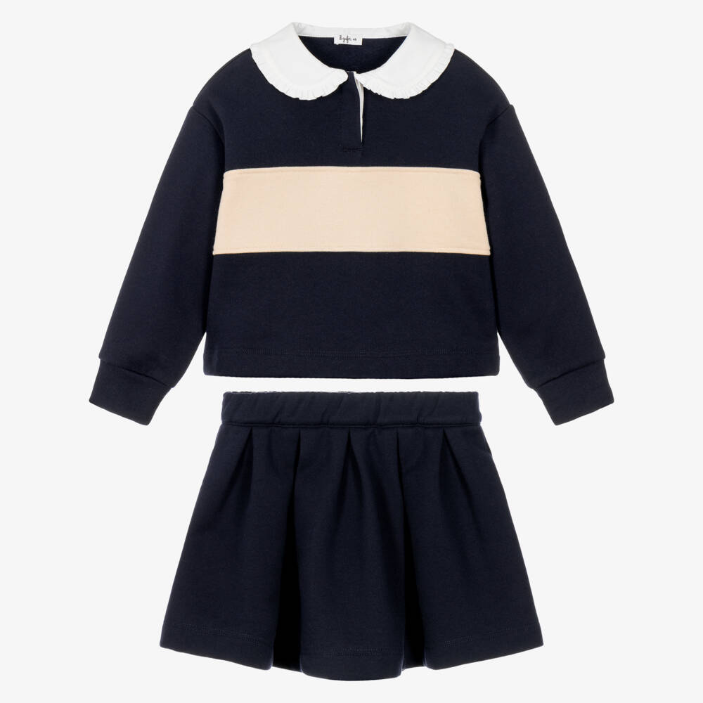 Il Gufo-Girls Navy Blue Cotton Skirt Set | Childrensalon