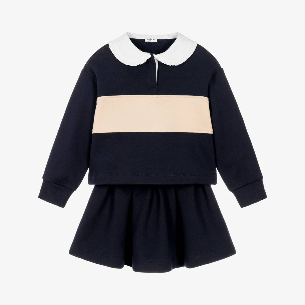 Il Gufo-Girls Navy Blue Cotton Skirt Set | Childrensalon
