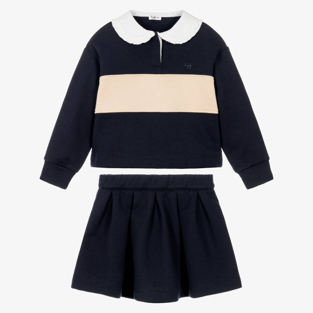 Il Gufo-Girls Navy Blue Cotton Skirt Set | Childrensalon