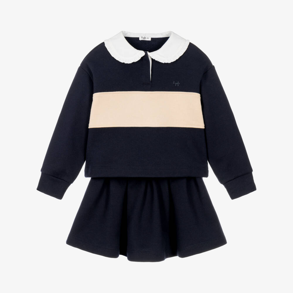 Il Gufo-Girls Navy Blue Cotton Skirt Set | Childrensalon