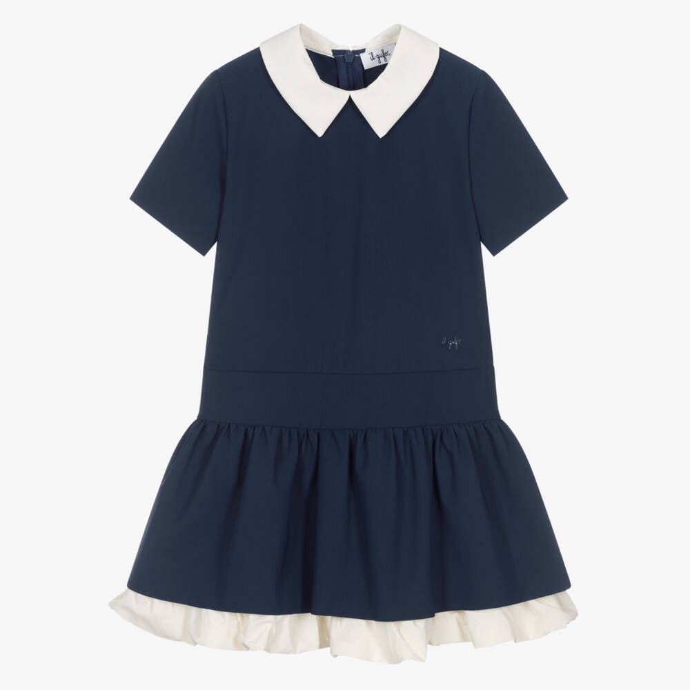 Il Gufo-Girls Navy Blue Jersey Dress with Ivory Collar & Bubble Hem | Childrensalon