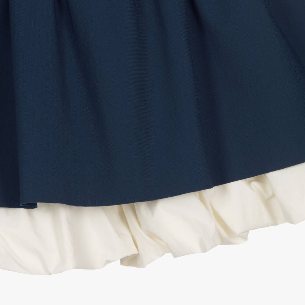 Il Gufo-Girls Navy Blue Jersey Dress with Ivory Collar & Bubble Hem | Childrensalon