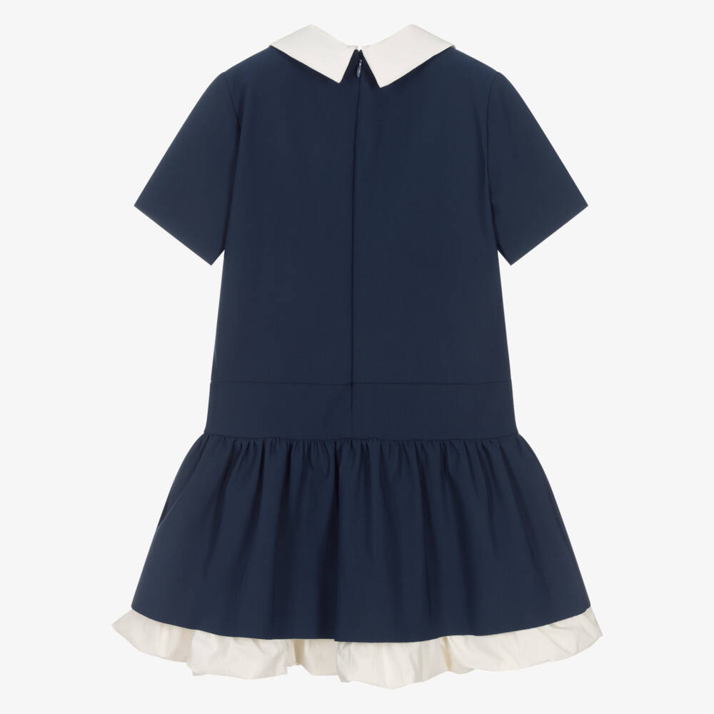 Il Gufo-Girls Navy Blue Jersey Dress with Ivory Collar & Bubble Hem | Childrensalon