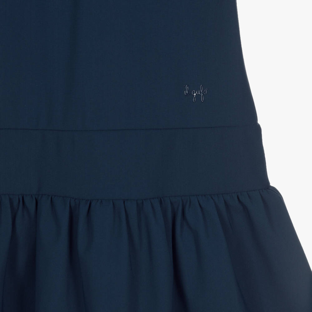 Il Gufo-Girls Navy Blue Jersey Dress with Ivory Collar & Bubble Hem | Childrensalon