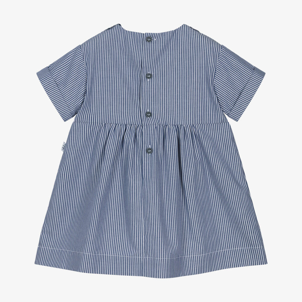 Il Gufo-Girls Navy Blue Striped Cotton Dress with Floral Detail | Childrensalon