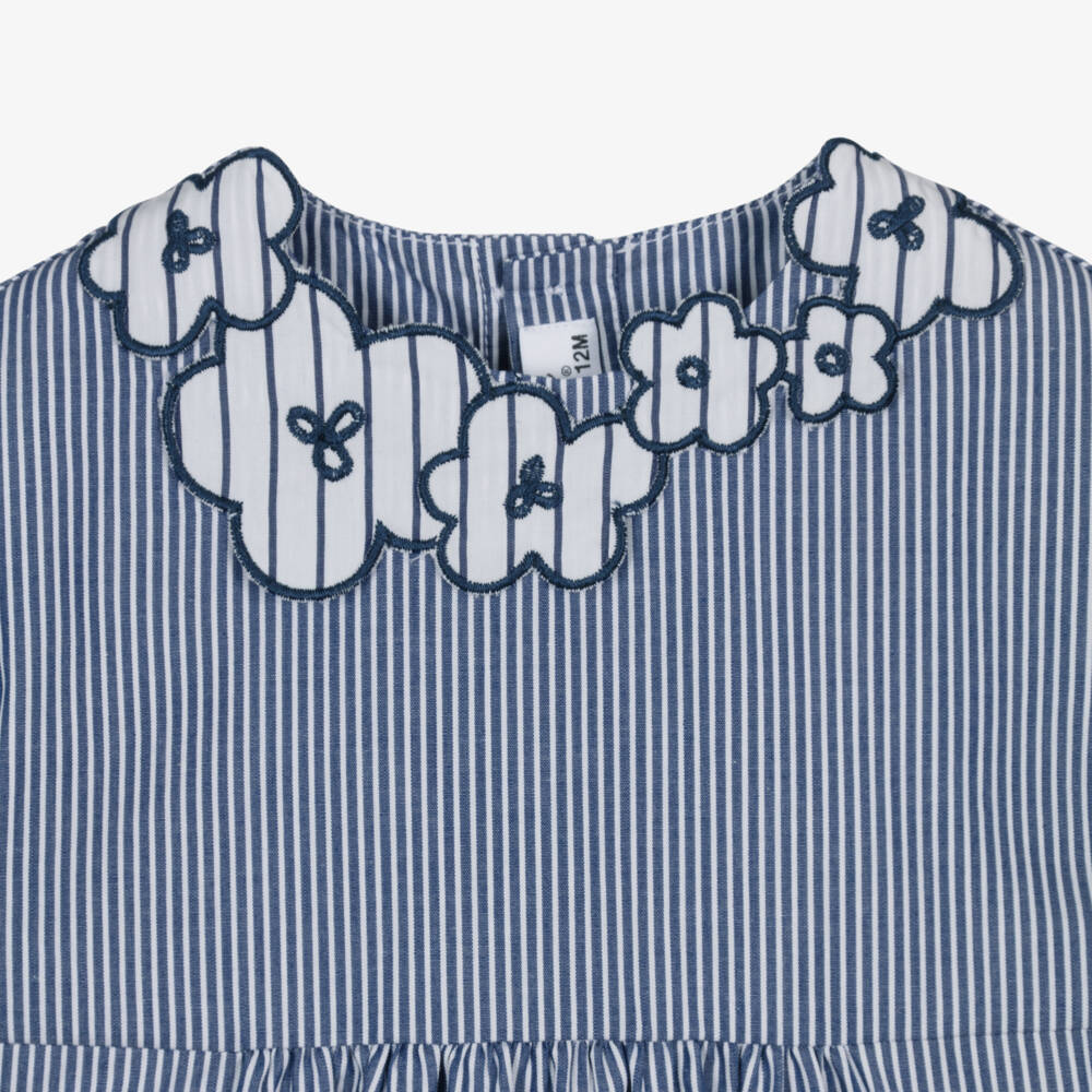 Il Gufo-Girls Navy Blue Striped Cotton Dress with Floral Detail | Childrensalon