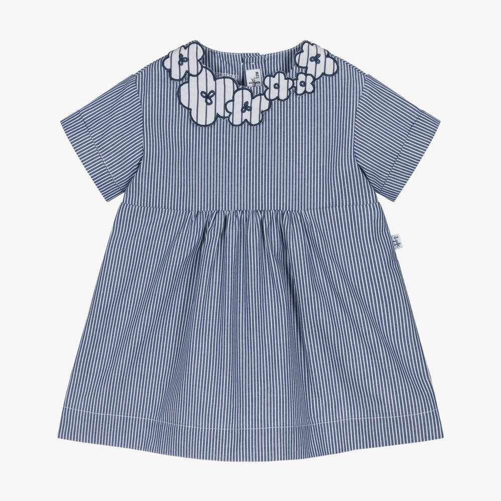 Il Gufo-Girls Navy Blue Striped Cotton Dress with Floral Detail | Childrensalon