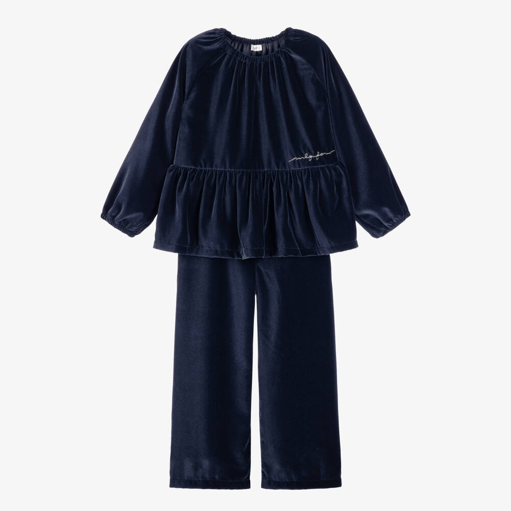 Il Gufo-Girls Navy Blue Velvet Trouser Set | Childrensalon