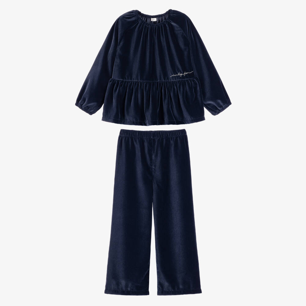 Il Gufo-Girls Navy Blue Velvet Trouser Set | Childrensalon