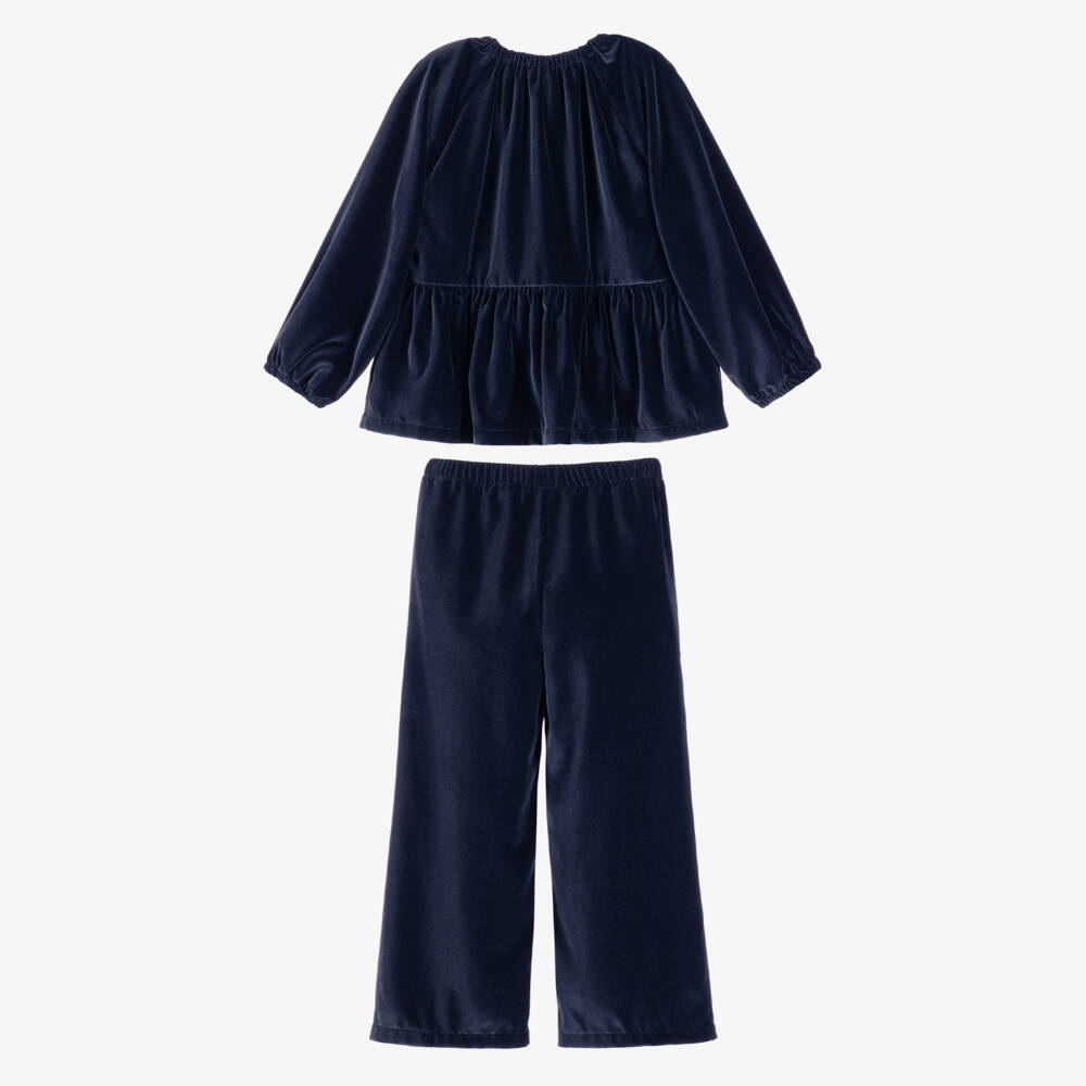 Il Gufo-Girls Navy Blue Velvet Trouser Set | Childrensalon